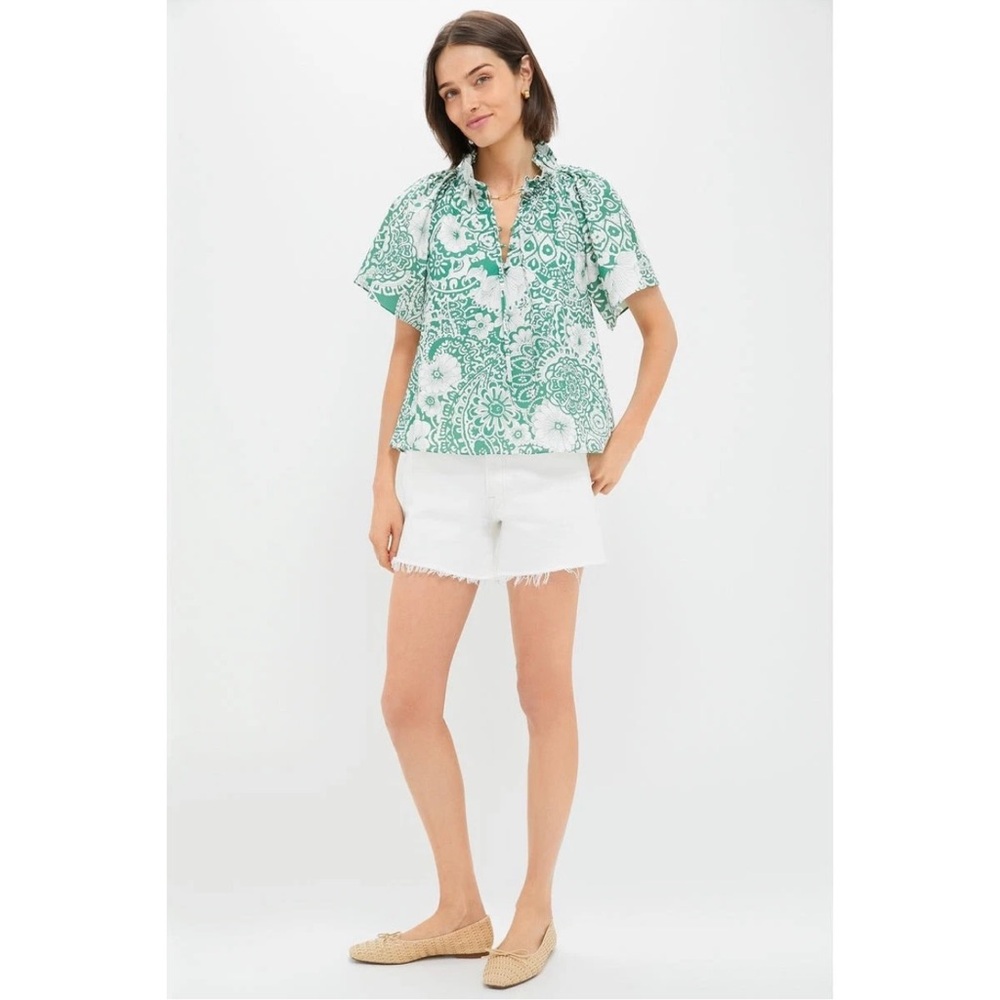 Tuckernuck Green and White Floral Print Ruffle Neck Top - Picture 4 of 11